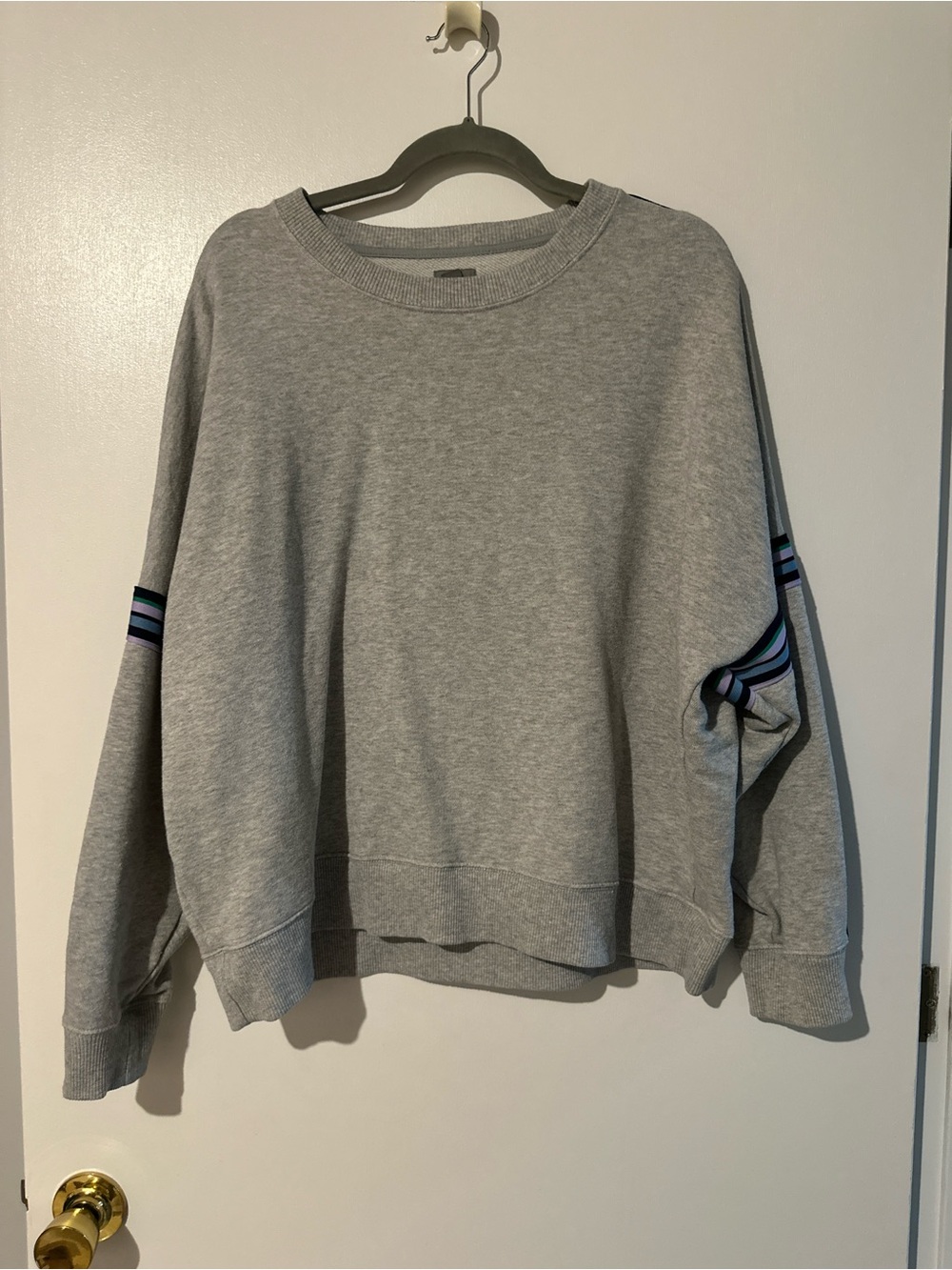 aerie Gray Crewneck Sweatshirt with Blue and Black Sleeve Stripes